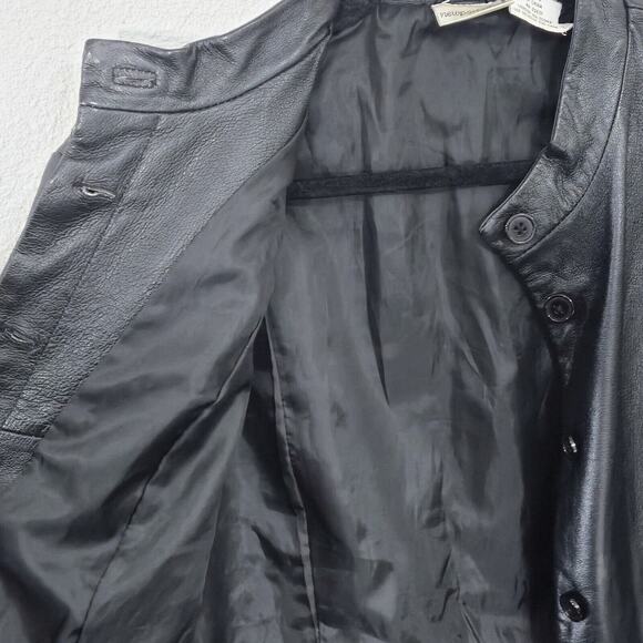 Newport News Women’s Leather Jacket L Retro Minimalist Genuine Black Button Down - Picture 4 of 8